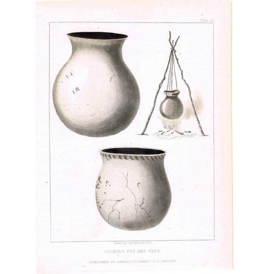 INDIANER INDIANER Antiquitäten Kochtopf & Vase - antiker Druck um 1853