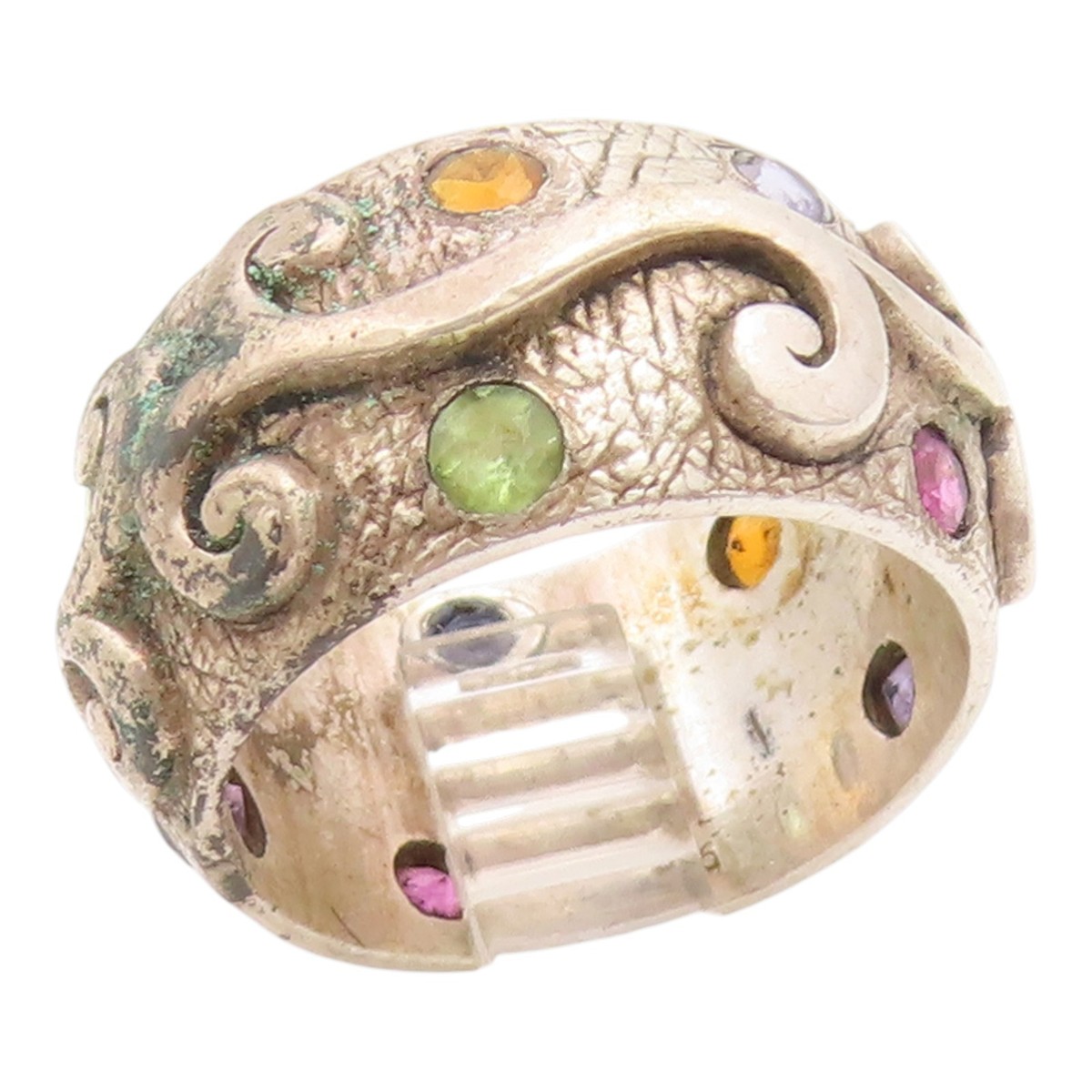 925 Sterling Silver Vintage Ring Multi Gemstone Swirly Scroll Band