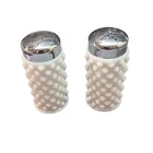 Vintage Fenton Milk Glass Hobnail Salt and Pepper Shakers White Chrome Lids Set