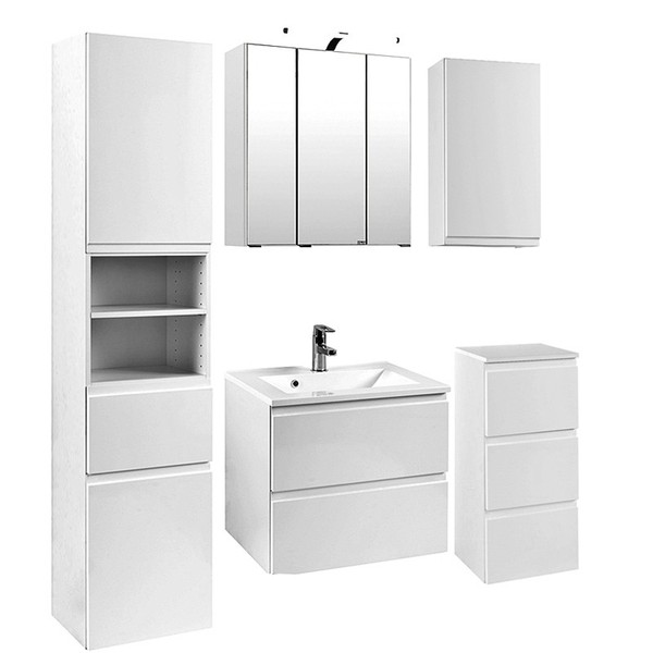BadezimmermöBel Set Hochglanz Weiß 60Cm Waschtisch & Led Spiegelschrank BadmöBel-image