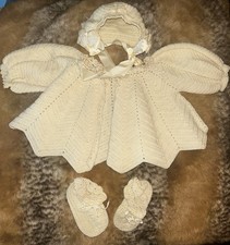 Vintage Hand Knit Crochet Baby Infant Outfit Sweater Hat Booties Cream white