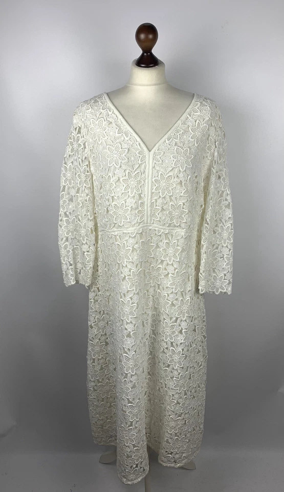 Maxi Vestido Escada Encaje Crochet Algodón/Seda Damas Talla 46 Blanco Cuello en V Diseñador Foto 2 de 4