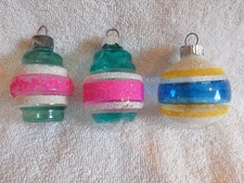 3 Vintage Aqua Blue Pink Yellow Shiny Brite Glass Unsilvered Lantern Ornaments