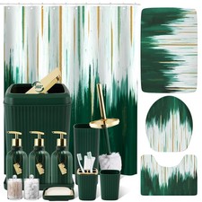 WSBArt 32PCS Bathroom Sets with Shower Curtain and Rugs-Dark Green Bathroom A...