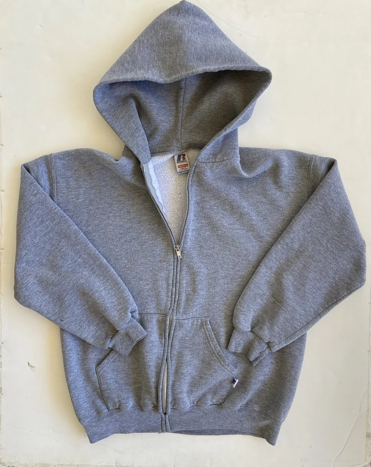 VTG Y2k Russell Athletic Full Zip Gray Hooded Sweatshirt Youth XL Fits MEDIUM - Image 2 of 4