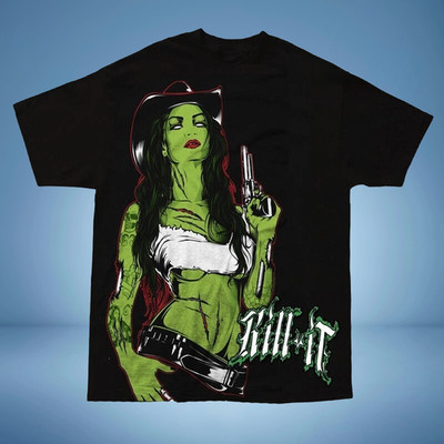Kill It  Pin Up Punk Street Bike Gothic Americana Tattoo Mens Tee COWGIRL ZOMBIE