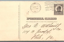 Postal Card BURLINGTON N.J. 8/17/1908 McKinley1¢ Geo. W. Brenn VTG Std.PC-pB406