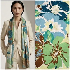 Vintage 90s Anne Klein Blue Floral Abstract Print 100 Silk Long Scarf Wrap