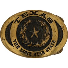 Brass Texas Star State 1845 Seal Ft Worth Dallas Austin Houston Vtg Belt Buckle