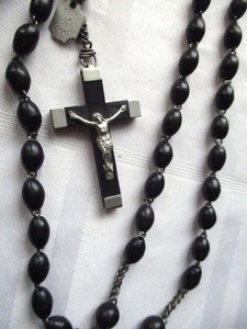 Black Wood Bead Catholic Rosary Lourdes Made in FRANCE 1950's Vintage 20" Long