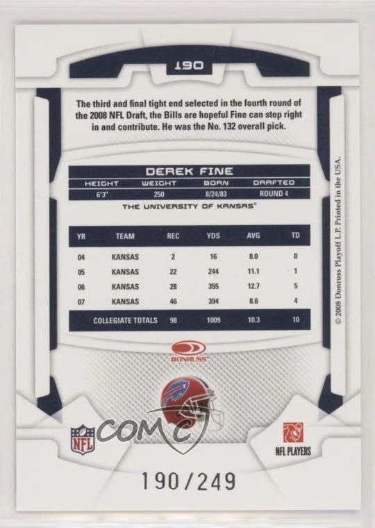 2008 Leaf Rookies & Stars Longevity Rookie Ruby /249 Derek Fine #190 RC - Image 2 of 2