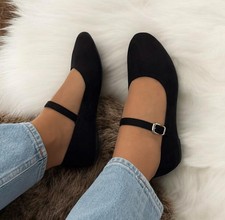 Womens Black Mary Jane Flats Ballet Pumps Strap Buckle Casual Shoes UK 3 , UK 4