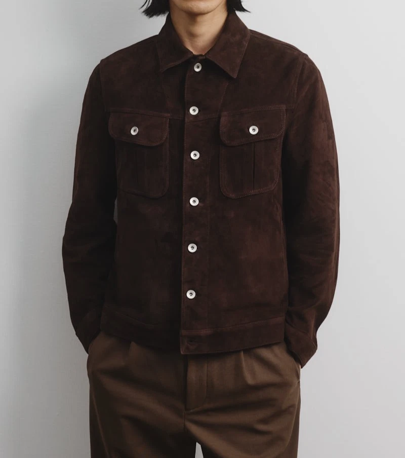 Leather Trucker Jacket for Men Dark Brown Pure Suede Size S M L XXL 3XL CM