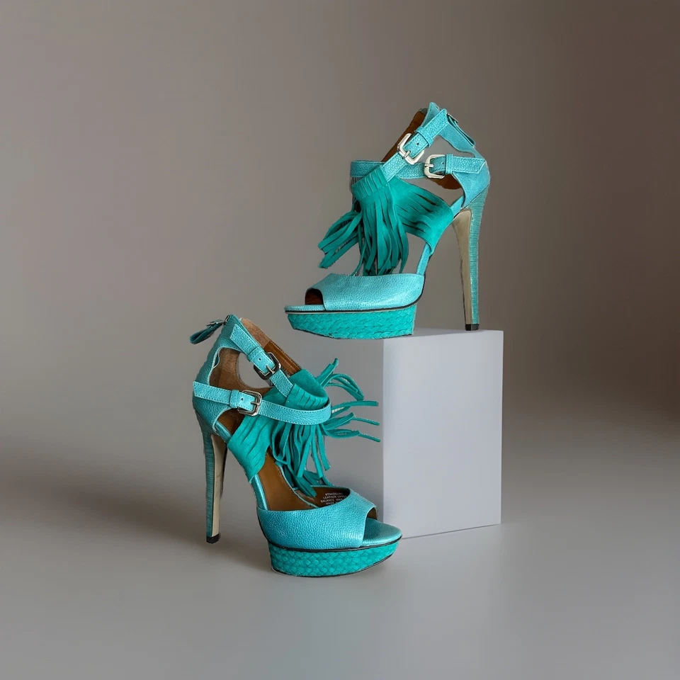Boutique 9 Nadeline Teal Leather Suede Weave Fringe Platform Multi Strap Heels 6 - Image 2 of 4