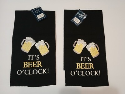 C & F Enterprises Beer O'Clock Kitchen Tea Towels Set 2 Black Cotton Bar Pub