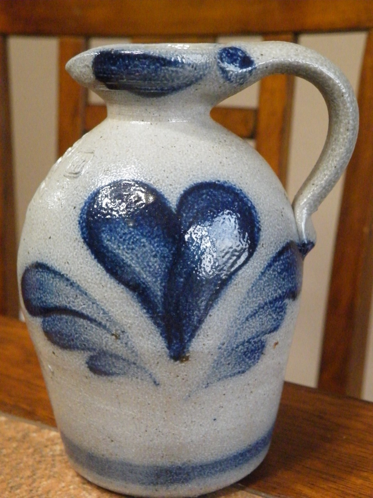 Rowe Pottery Salt Glazed BLUE HEART 4.75" Canister Crock w/ LID 1988 + Cruet 5.5
