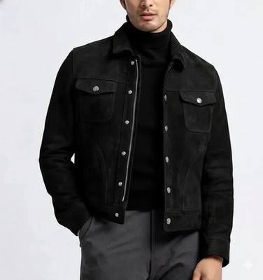 Men's Black Genuine Lambskin Suede Leather Trucker Jacket Zip Snap Western Coat