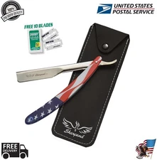 NEW  LUXURY BARBERS CUT THROAT RAZOR SET COMPLETE + 10 BLADES FREE USA FLAG 