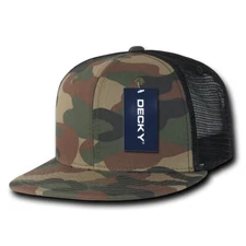 6 Panel Flat Bill Trucker Cap - Woodland Camo and Black (Decky 1055-WWB, New)