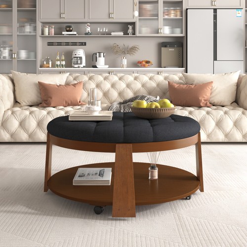 Modern Large Round Ottoman Coffee Table 2-Tier Tufted w/Wood Shelf, Wheels&Linen - Picture 13 of 47