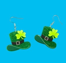 Shamrock Leprechaun Hat Dangle Earrings Acrylic Saint Patrick  s Day Cute New