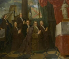 oil painting  " Six members of the Bruges Guild of Seamen before their Patron "