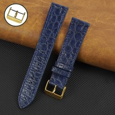 Navy Blue Real Crocodile Leather Watch Band Flat Leather Strap Gold Buckle Gift