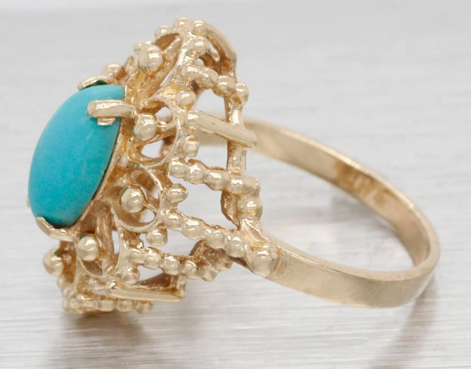 Anillo de cóctel turquesa cabujón marquesa vintage - oro amarillo de 14 k - talla 5,75 Foto 3 de 4