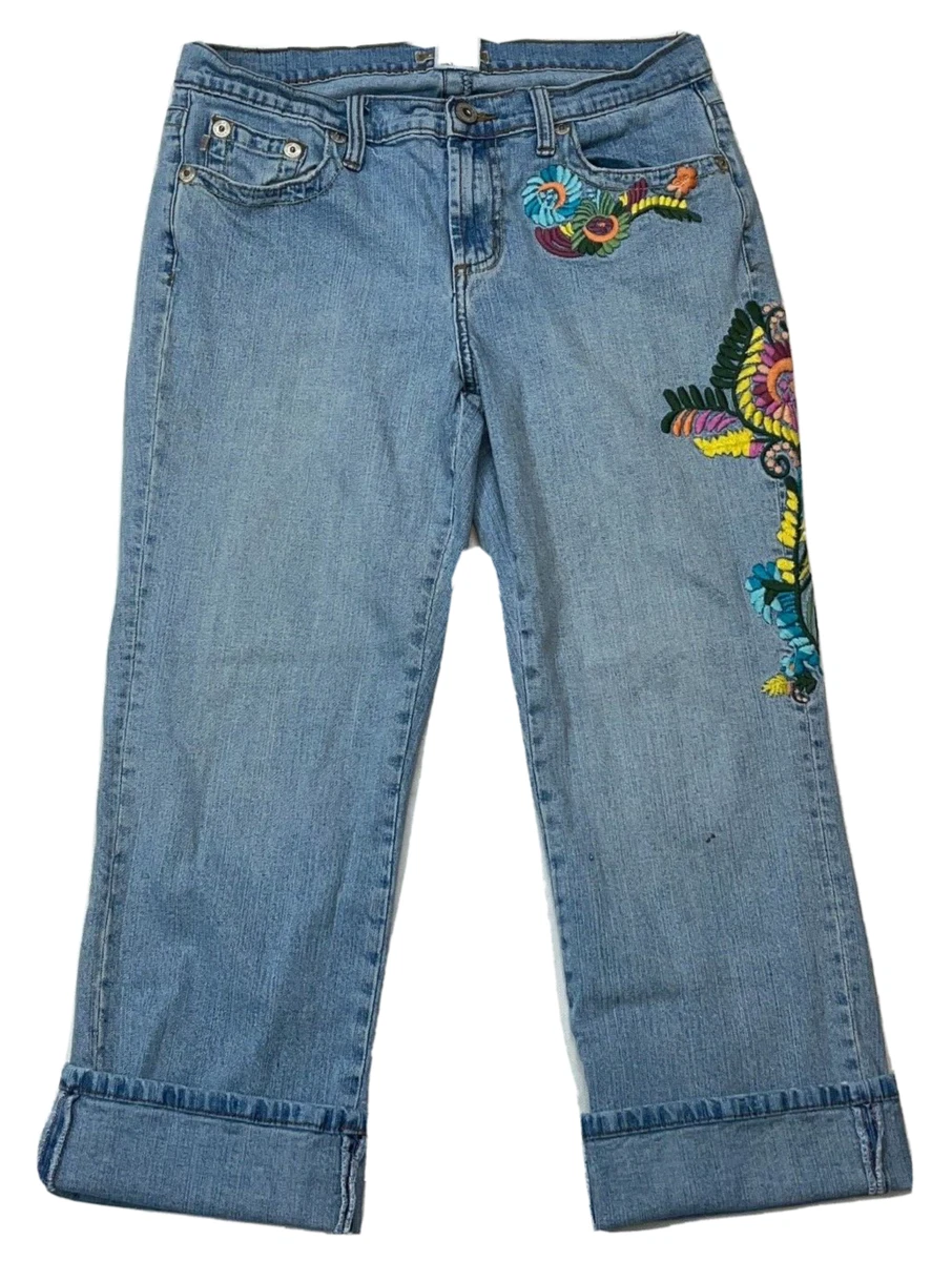 Z Cavaricci Vintage Women s Floral Mid Rise Crop Capri Floral Blue Jeans Size 10
