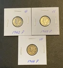 Lot of 3 - P Minted Mercury Dimes - 90% Silver 1942, 1943, 1944 VF
