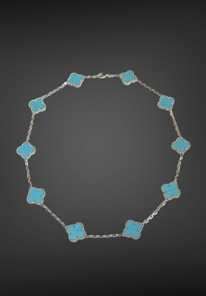 Van Cleef Arpels 18K WG 10 Motif Turquoise Alhambra Necklace