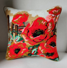 Floral Poppy Needlepoint Throw Pillow 5” X 15” Handmade Finished