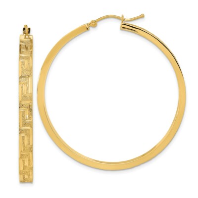 Real 14kt Yellow Gold Polished and Satin Greek Pattern Hoop Earrings