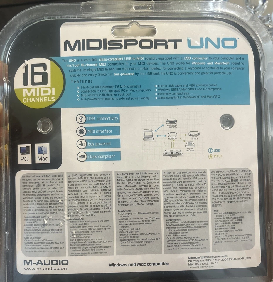 M-Audio Midisport Uno 1 In 1 Out USB to MIDI Interface Cable 16 MIDI Channels - Image 2 of 2