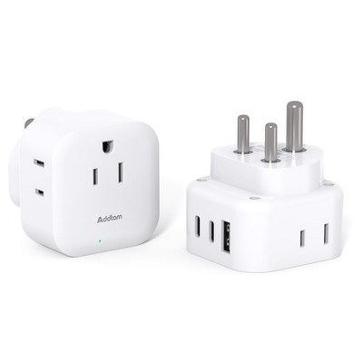 2 Pack US to India Plug Adapter, Type D Travel Adapter with 3 Outlets 3 White