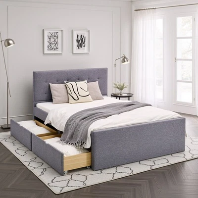 Lit Tissu Rembourré Double 120x200 Adulte Sommier à Lattes 2 Tiroirs Homestyle4u - Photo 1/4