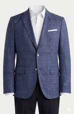 HUGO BOSS Hutson 223 Sport Coat Blue Check Virgin Wool Slim Fit 46 R EU 56 