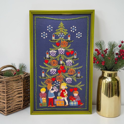 VTG Christmas Tree Crewel Embroidery Heart Basket Candle Pumpkin Framed 1975 28"
