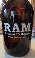 Ram Restaurant & Brewery  Beer Growler 64 ounce Jug  Bottle  Glass