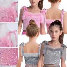 Kids Girls Crop Top Sequins Shirts Performance Vest Disco Costume Competitions