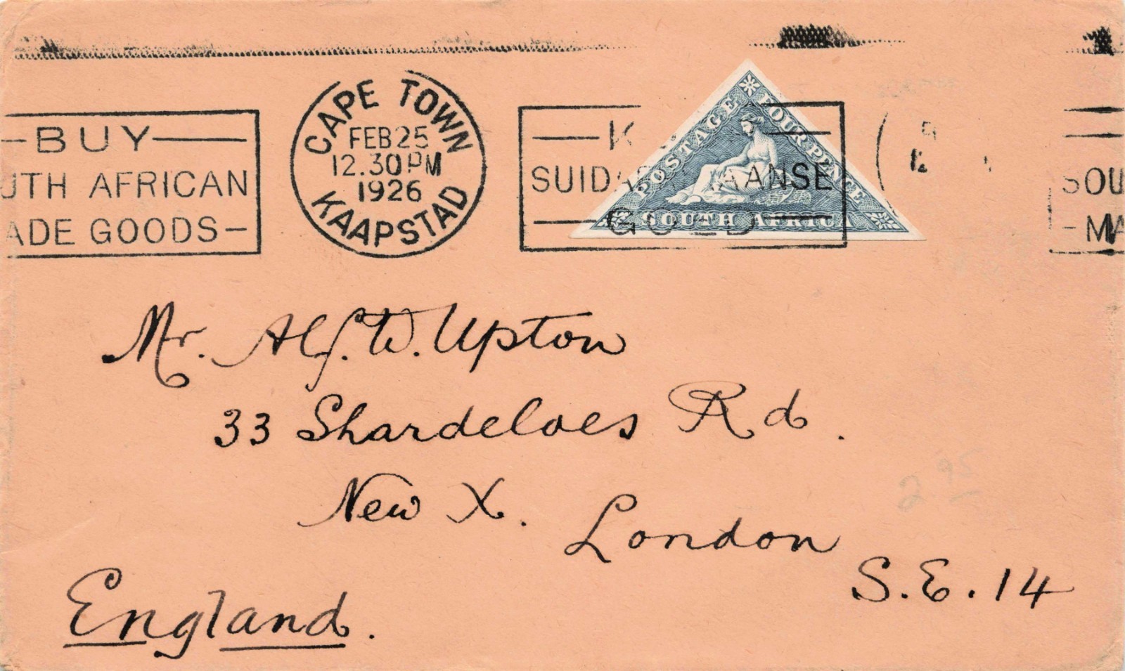 1926 South Africa Cover 4d Triangular Stamp SG 33 Slogan Cancel To London