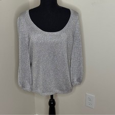 Boden Metallic Knit Scoop Neck Sweater Silver Size 14