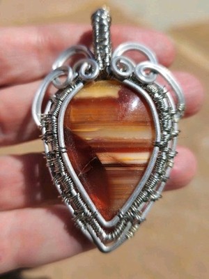Handmade Red Orange Agate Wire Wrapped Pendant Copper  Silver Tone 2.5'' Artisan 