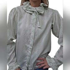 Vintage 1970s Silk Tie Neck Blouse Pastel Green ILGWU Union Made Womens 8