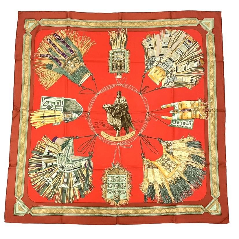 Hermes Carre 90 Silk Scarf Red Leather Ornament AB Condition