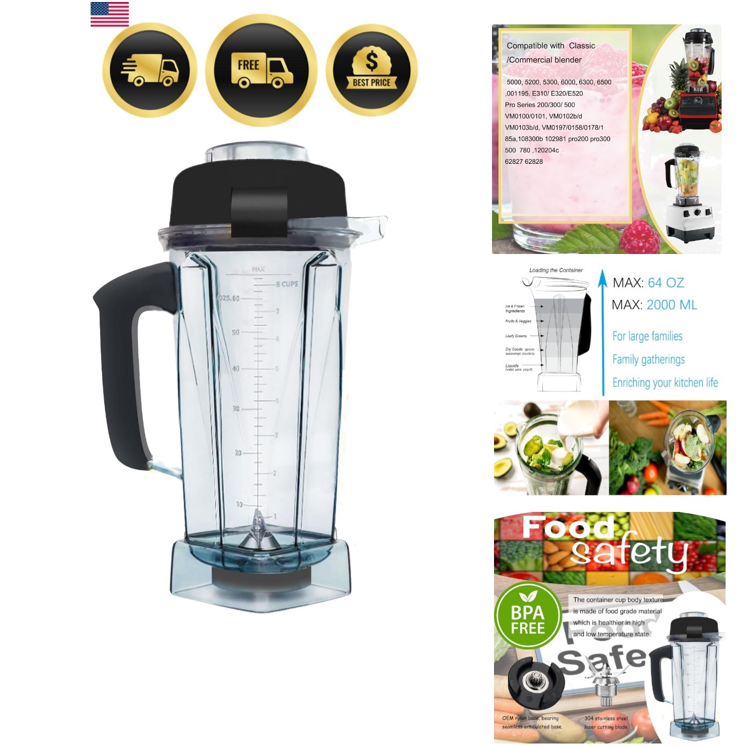 Blender Pitcher 64oz Food Processor Jar Compatible with Clas