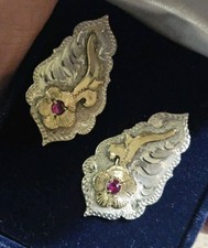 Vintage Etched STERLING SILVER & 12K GOLD Fill WESTERN EARRINGS Red Stone WANDA