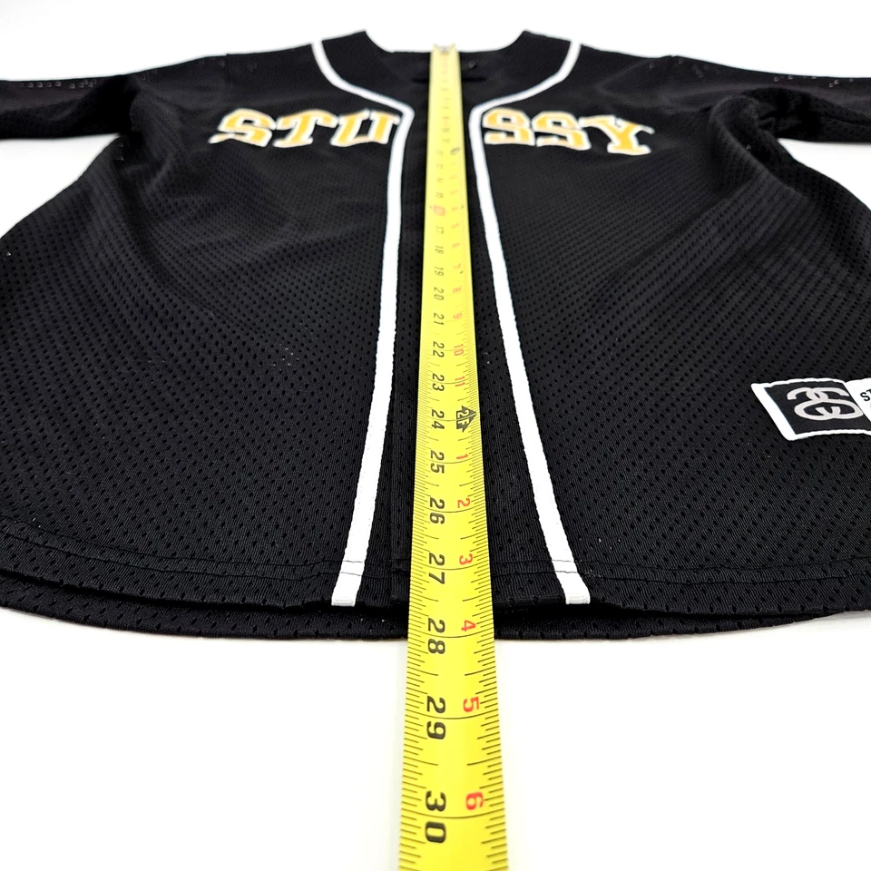 Camiseta de béisbol Stussy International Stitch Spell Out de malla negra amarilla para hombre S Foto 3 de 4