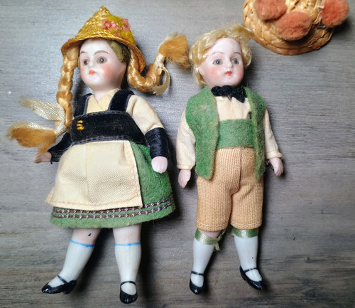 Antique Bisque Souvenir Doll Pair 4" Traditional Folk Costume German Bisque