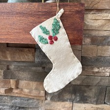 Vintage Kitschy Felt Christmas Stocking Holly With Berries Appliqué and Sequins